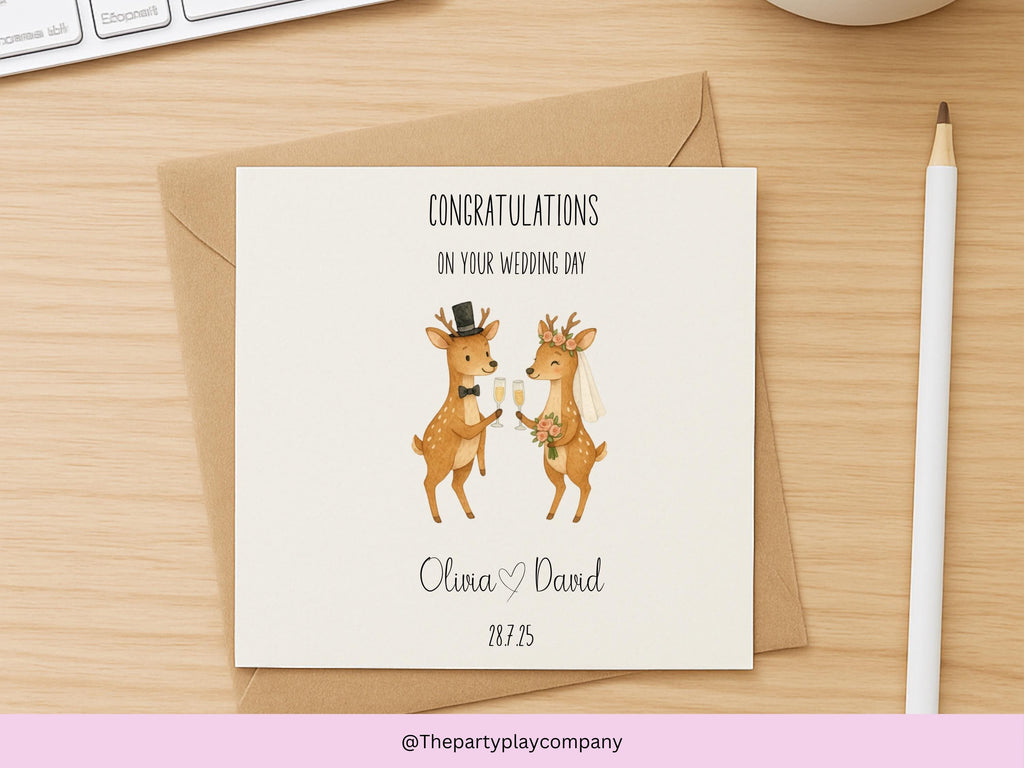 Personalised Wedding Card | Cute Deer Couple | Custom Names & Date | Engagement or Anniversary Card