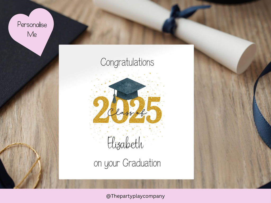 Personalized Graduation Card 2025: Glitter Cap, Custom Name