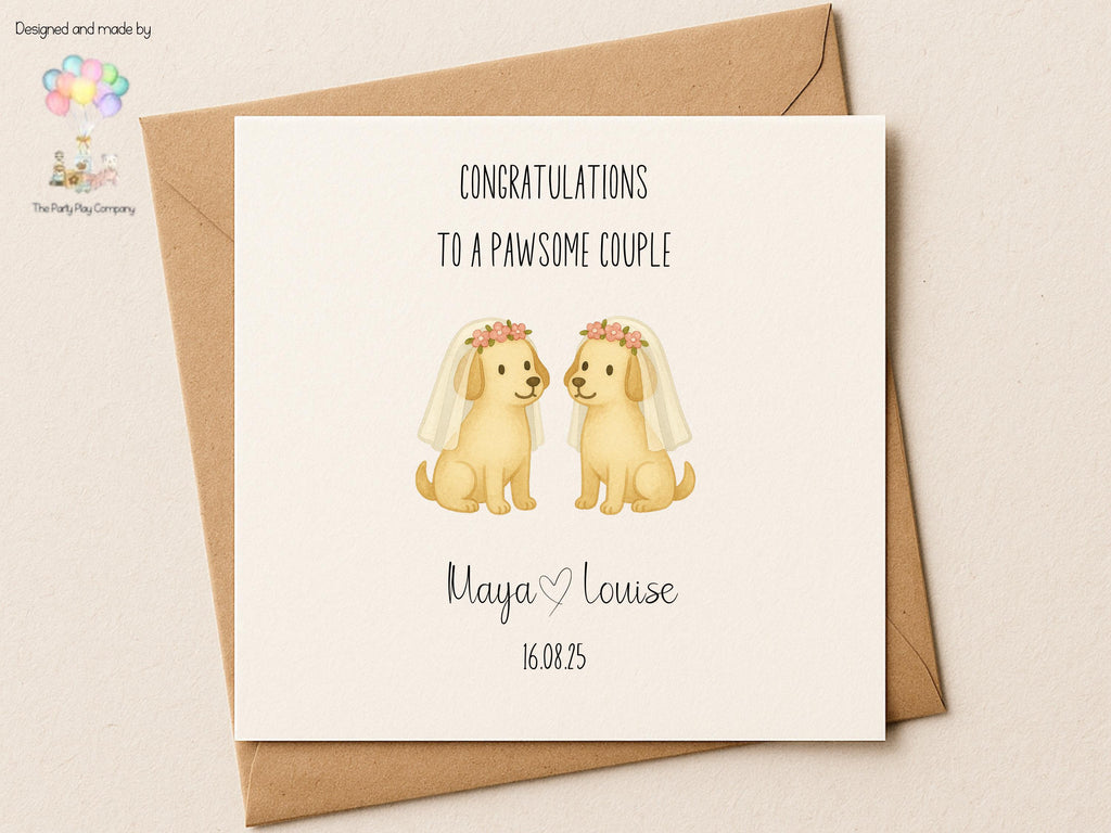 Funny Lesbian Wedding Card: Pawsome Dog Pun, Personalized LGBTQ+ Anniversary