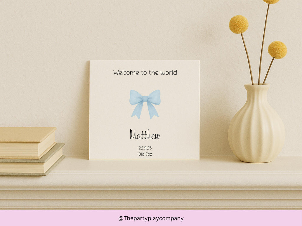 Personalized New Baby Boy Card: Blue Bow, Handmade UK