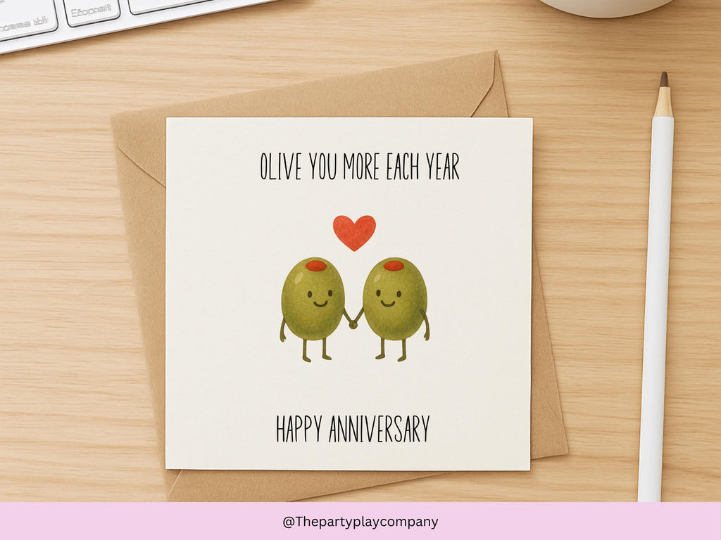 Olive You More Each Year Anniversary Card – Cute Pun Food Illustration, Funny Couples Love Card, Husband Wife Partner Gift