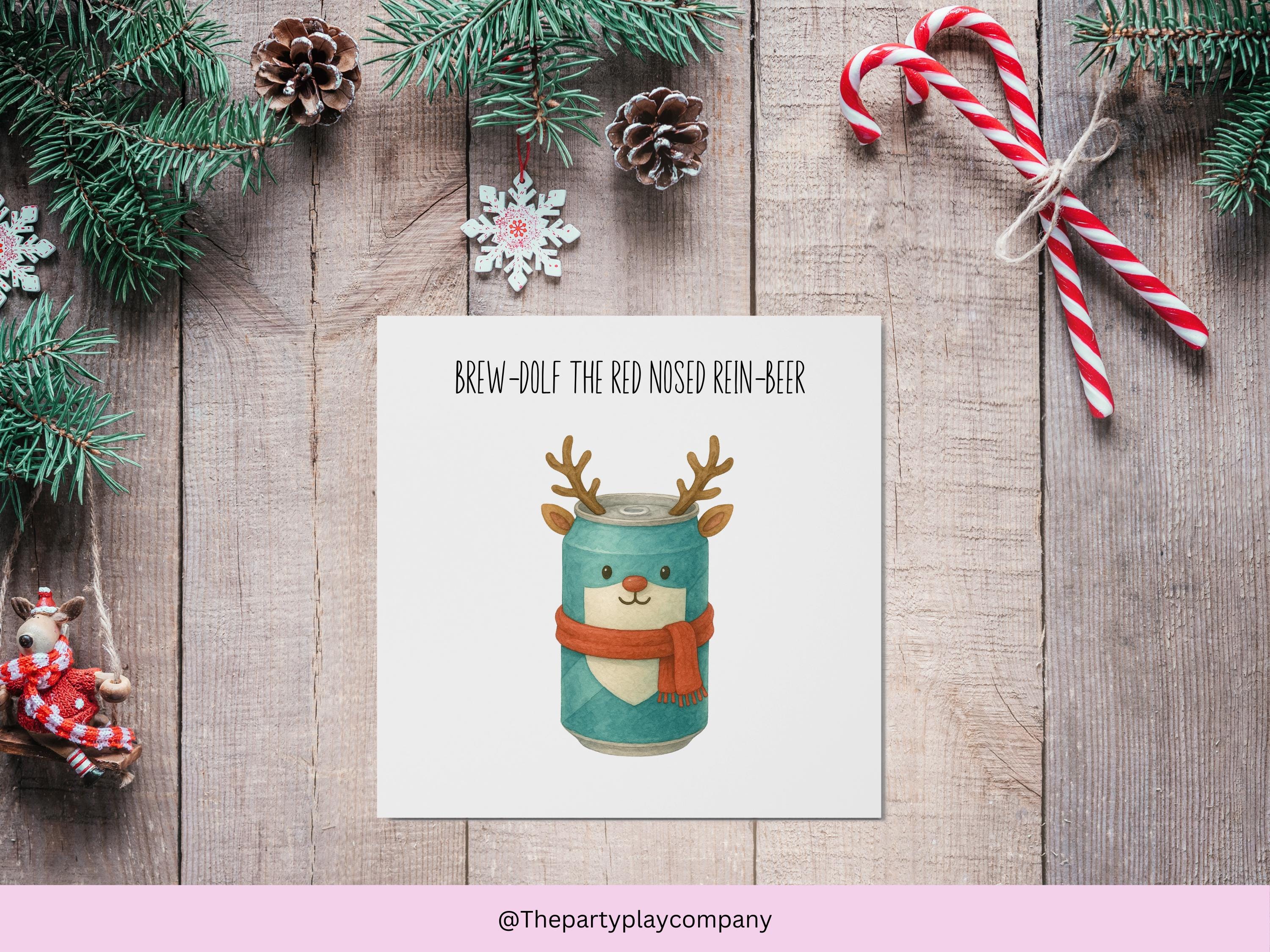Funny Beer Christmas Card: Brew-dolf Pun Greeting with Envelope
