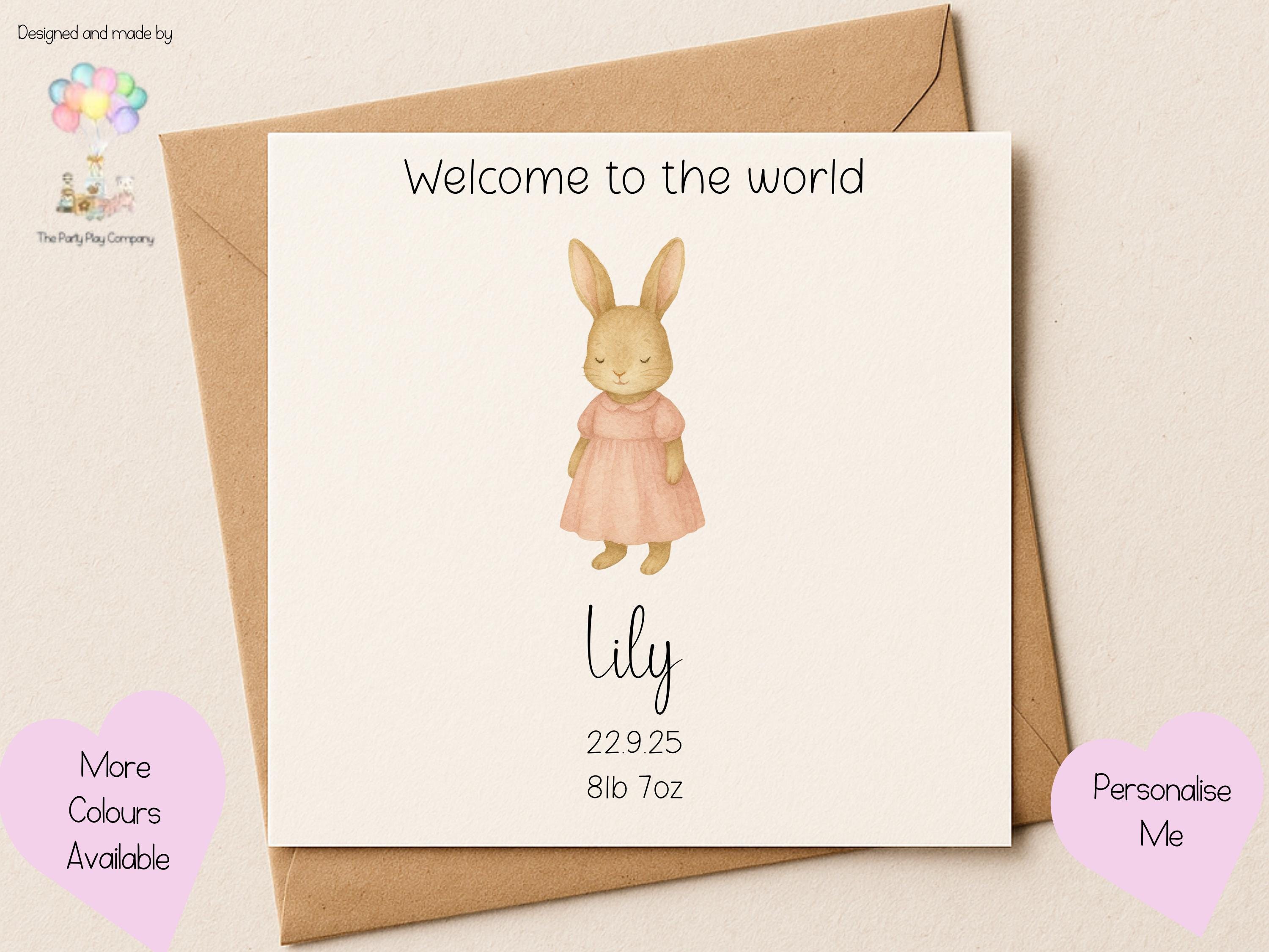 Personalized New Baby Girl Card: Pink Bunny, Name & Birthdate - Handmade Keepsake