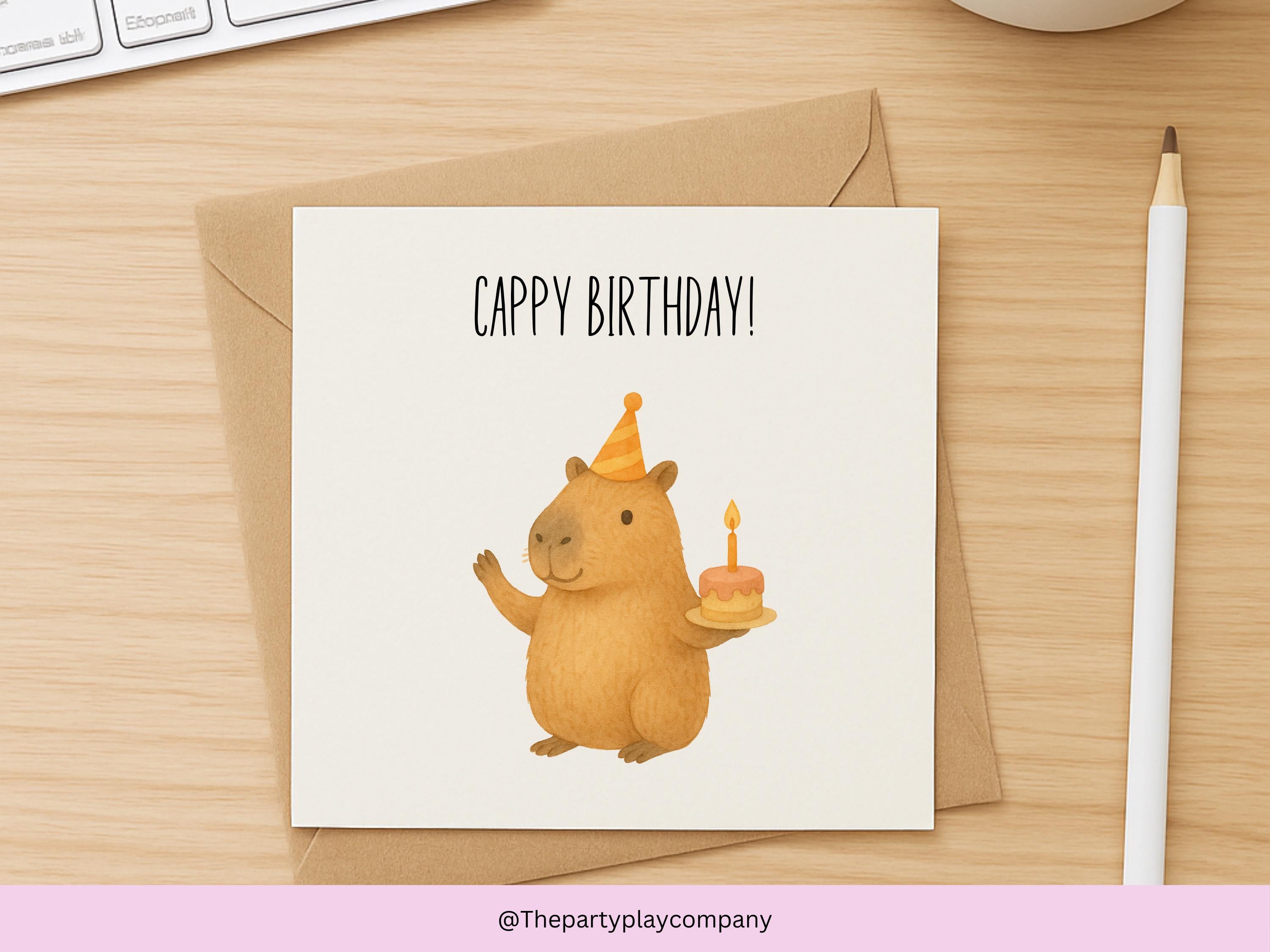 Cappy Birthday Card with Cute Capybara Illustration | Funny Animal Pun Birthday Card for Him Her Friends or Family