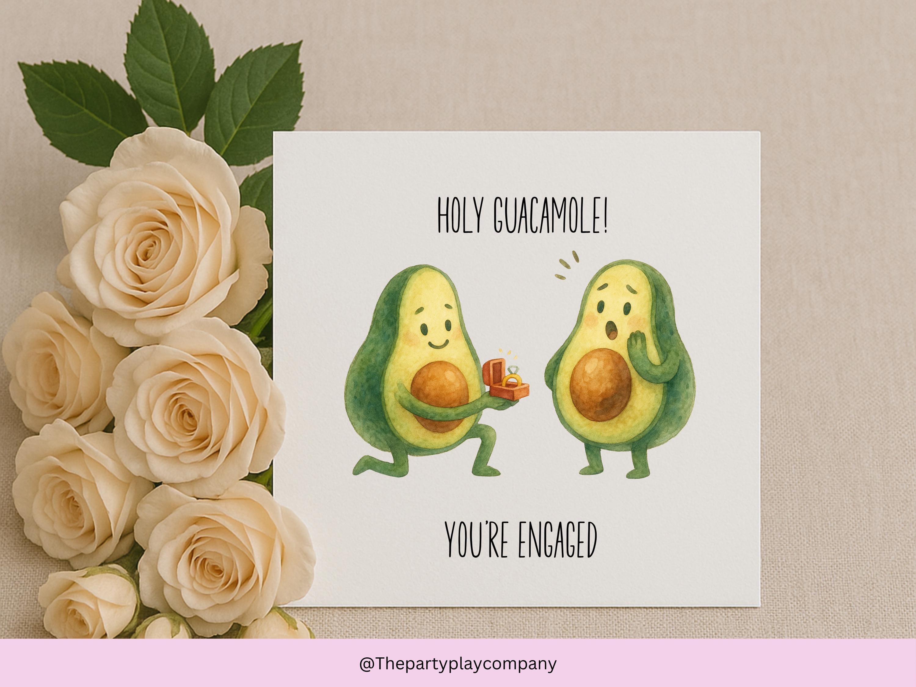 Funny Avocado Engagement Card: Holy Guacamole Pun Greeting