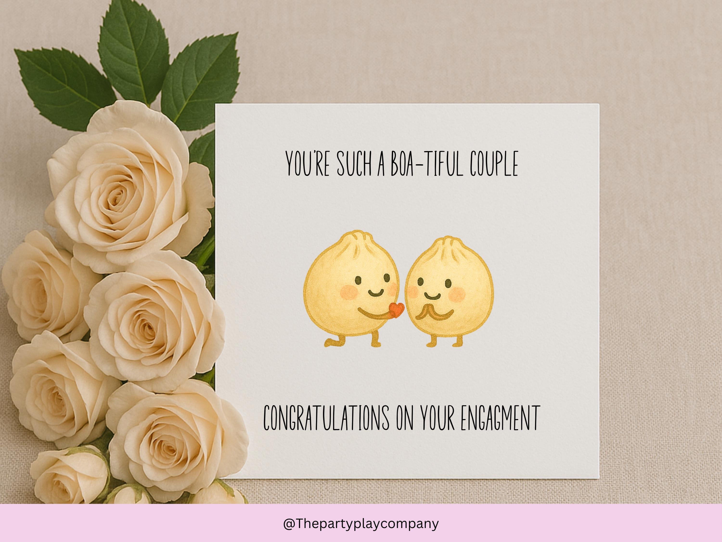 Funny Bao Dumpling Engagement Card: 'Boa-tiful Couple' Pun