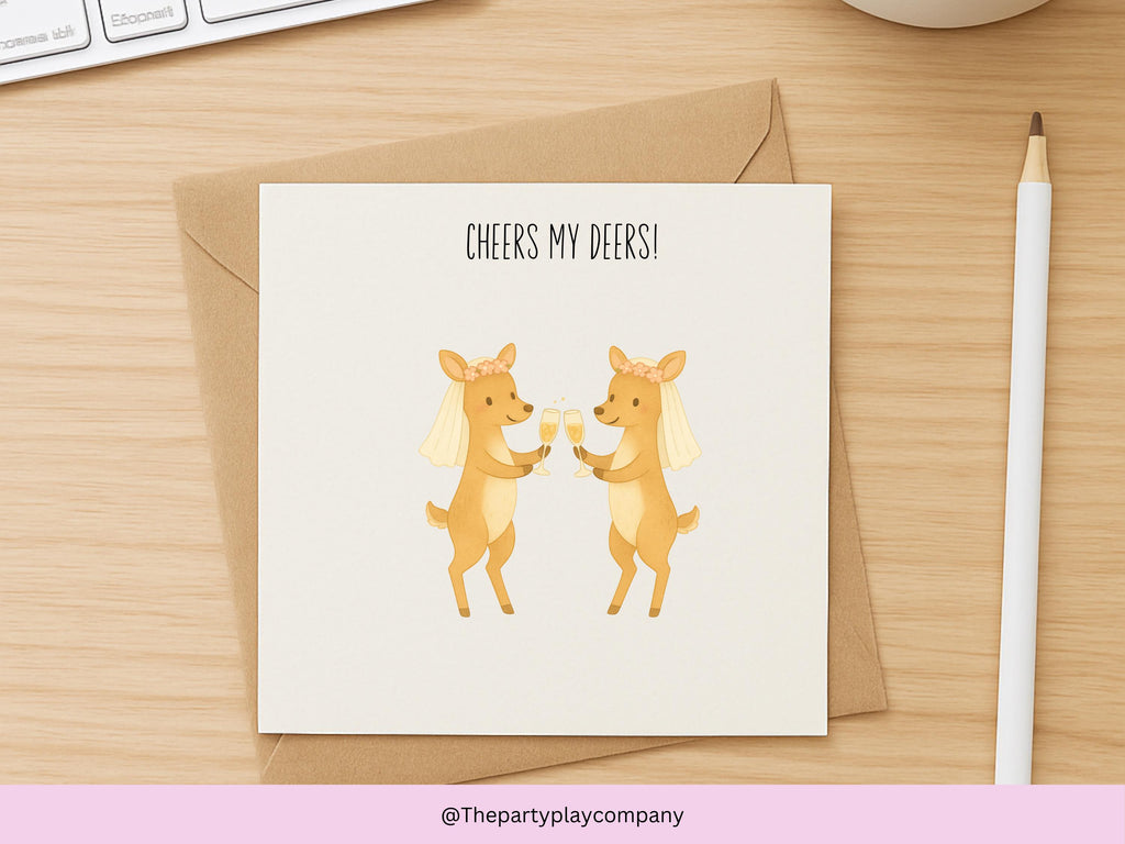 Funny LGBTQ Lesbian Wedding Card – Cheers My Deers Pun – Cute Bride Deer Illustration – Same-Sex Marriage Card for Her