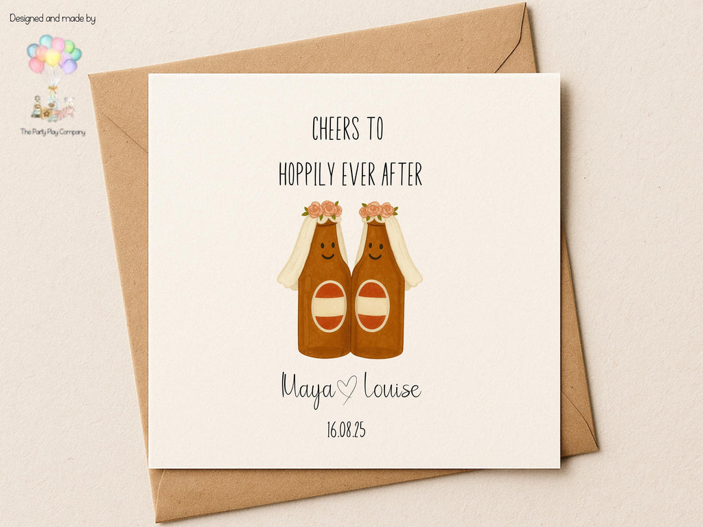Funny Lesbian Wedding Card: Hoppily Ever After Beer Pun - Personalized LGBTQ+ Anniversary