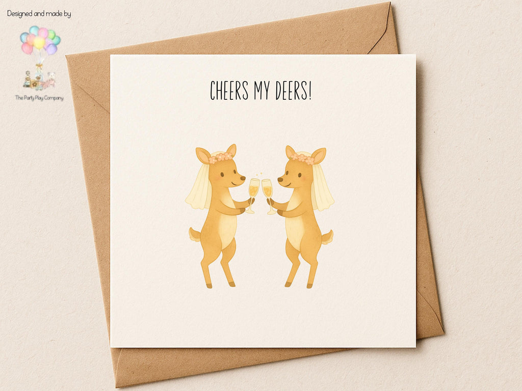 Funny LGBTQ Lesbian Wedding Card – Cheers My Deers Pun – Cute Bride Deer Illustration – Same-Sex Marriage Card for Her