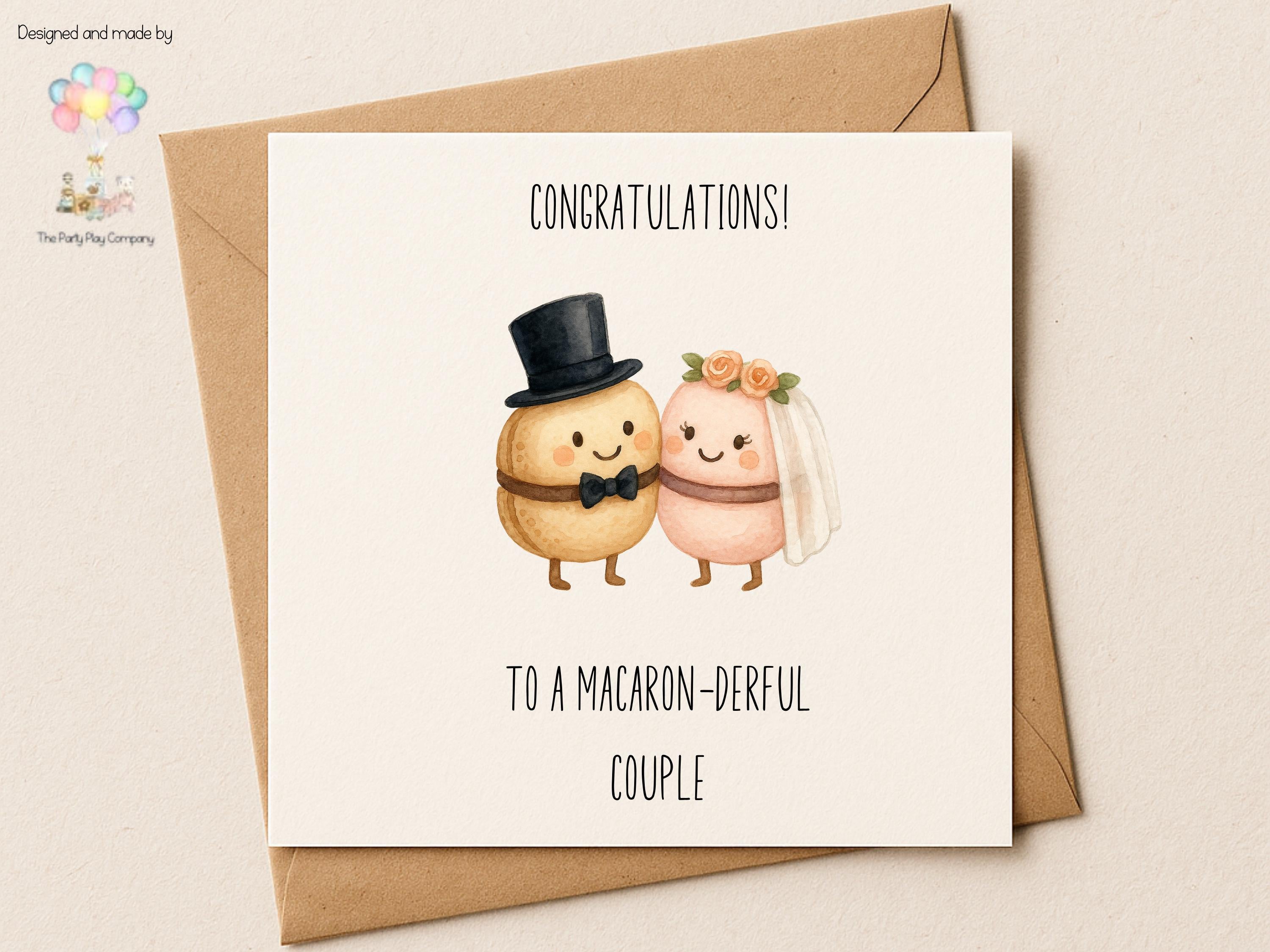 Funny Wedding Card | Macaron Pun Congratulations Card | To a Macaron-derful Couple Newlyweds Card |  Bride and Groom | 4 for 10 Pound Offer