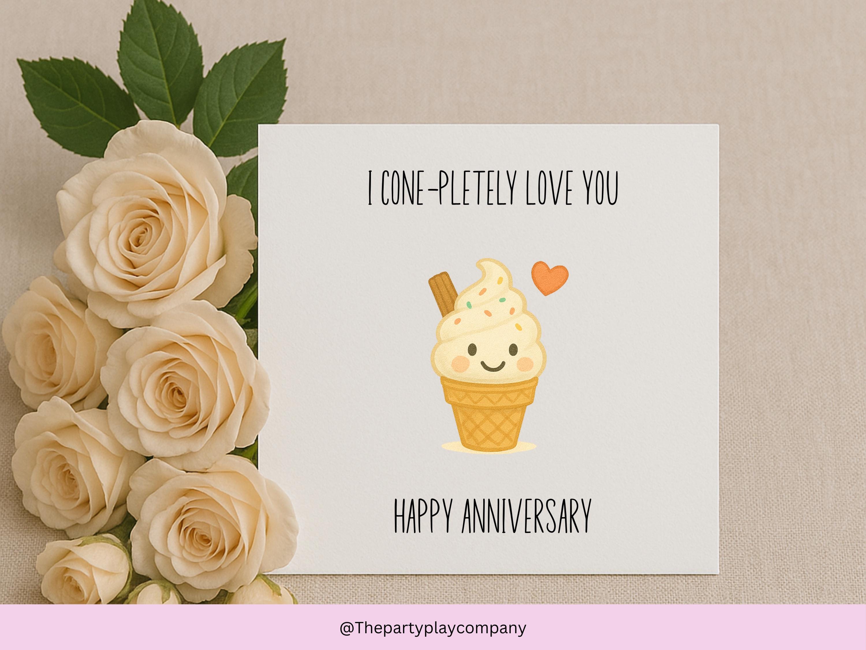 Funny Anniversary Card: I Cone-pletely Love You - Ice Cream Pun