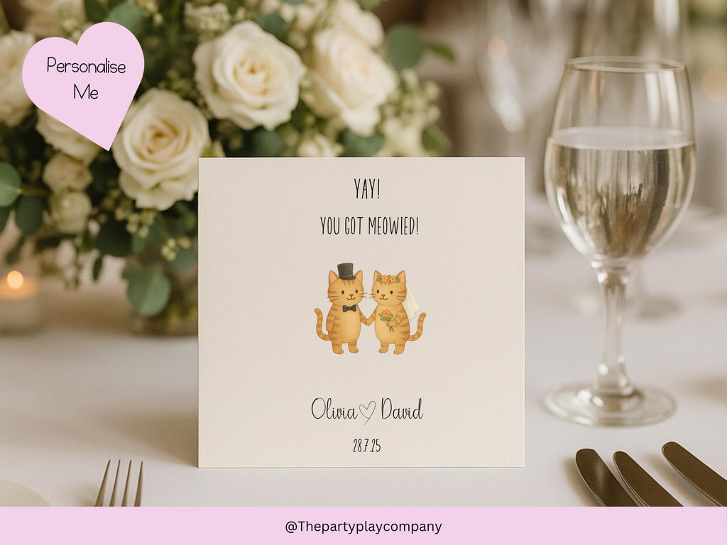 Personalized Cat Wedding Card: You Got Meowied Pun Card