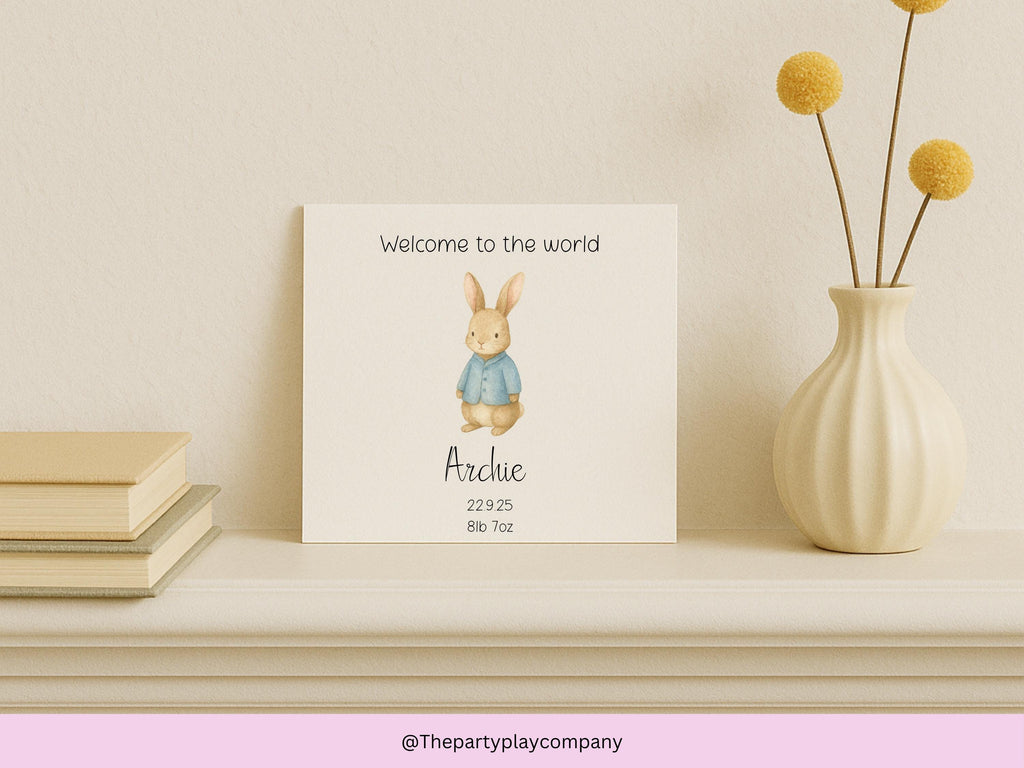 Personalised New Baby Boy Card: Blue Bunny, Handmade Keepsake