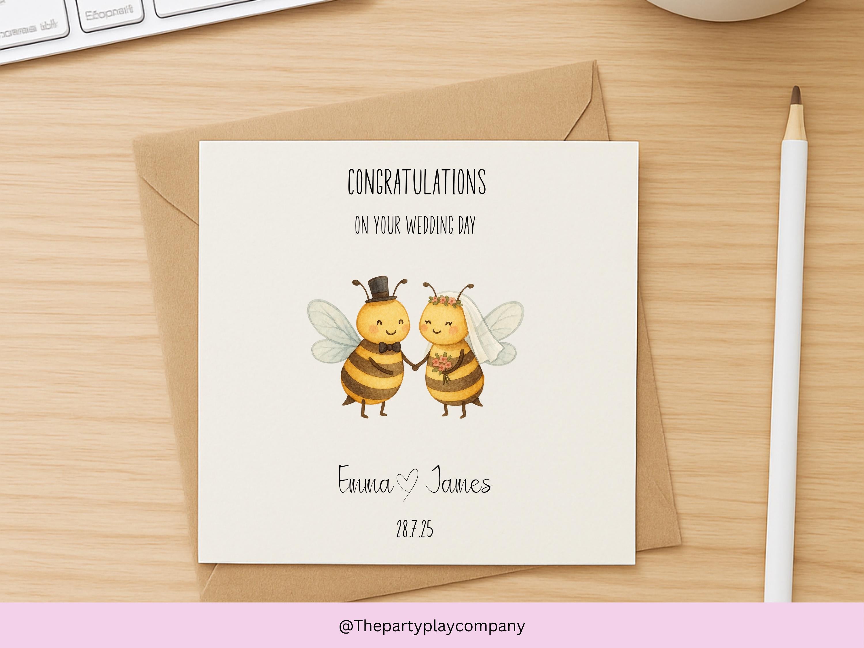 Personalised Wedding Card | Cute Bee Couple Pun | Custom Names & Date | Engagement or Anniversary Card