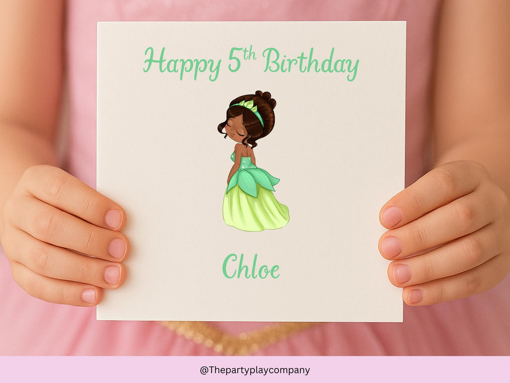 Personalised Green Princess Birthday Card – Custom Name & Age, 6x6 Girls Card, More Designs Available