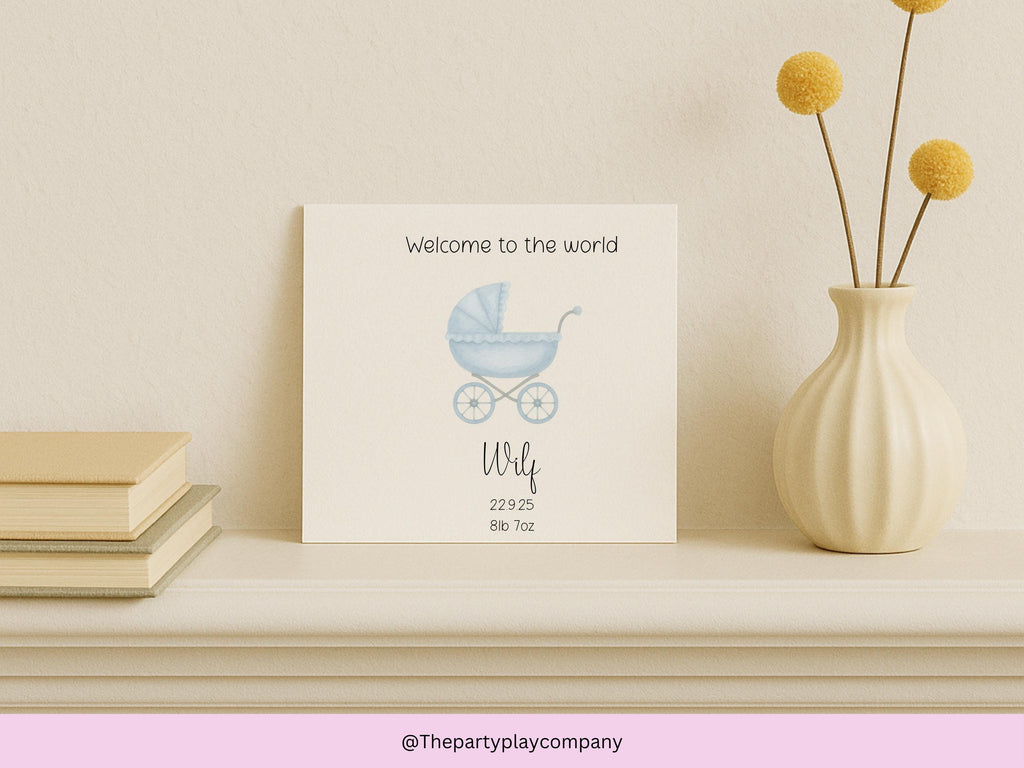 Personalized New Baby Boy Card: Blue Pram Design, Handmade Keepsake