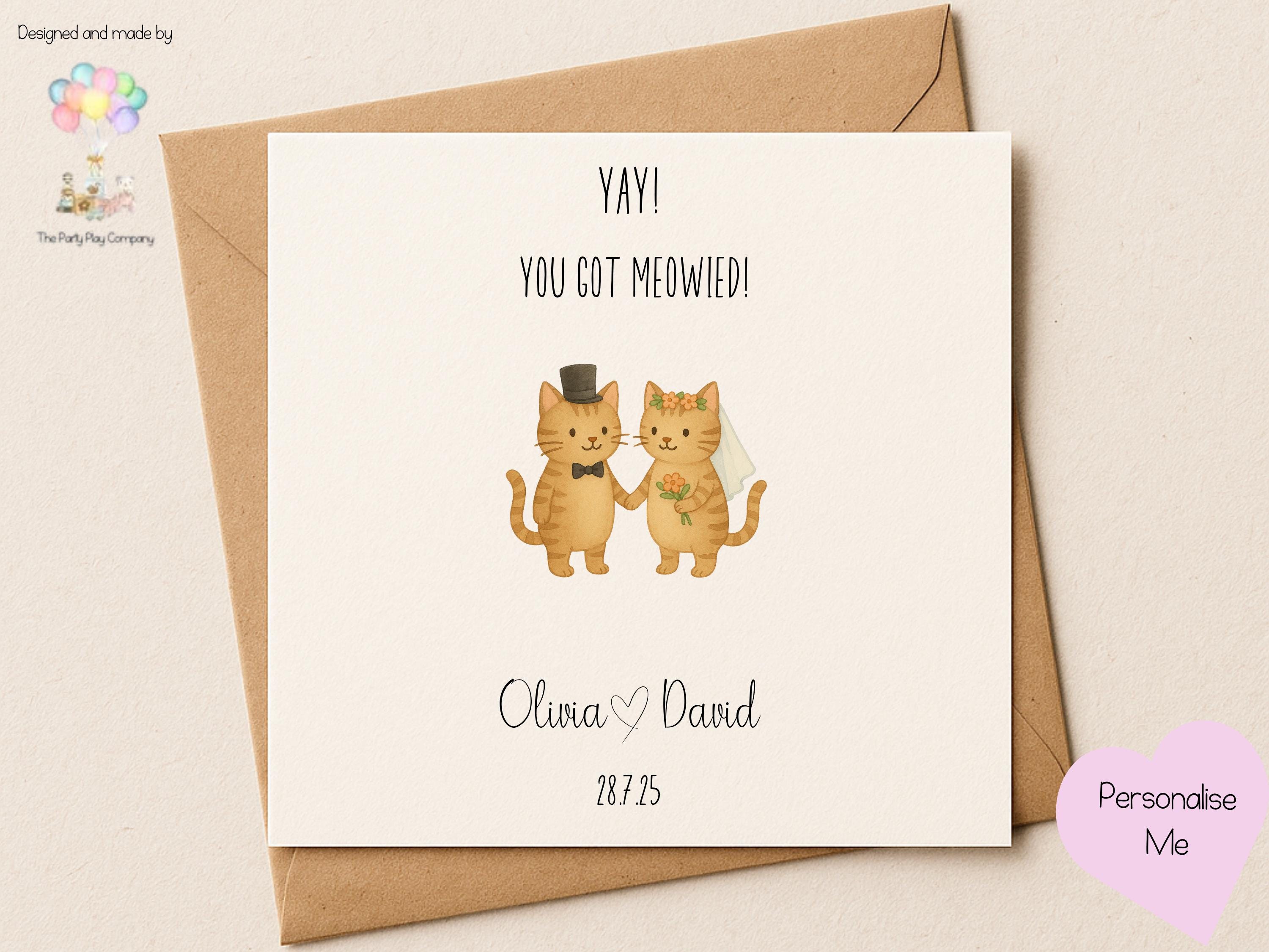 Personalized Cat Wedding Card: You Got Meowied Pun Card
