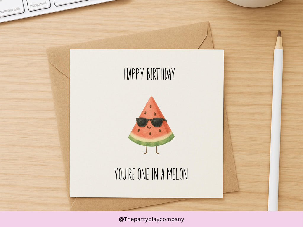 Funny Watermelon Birthday Card: One in a Melon Pun - 6x6 with Envelope