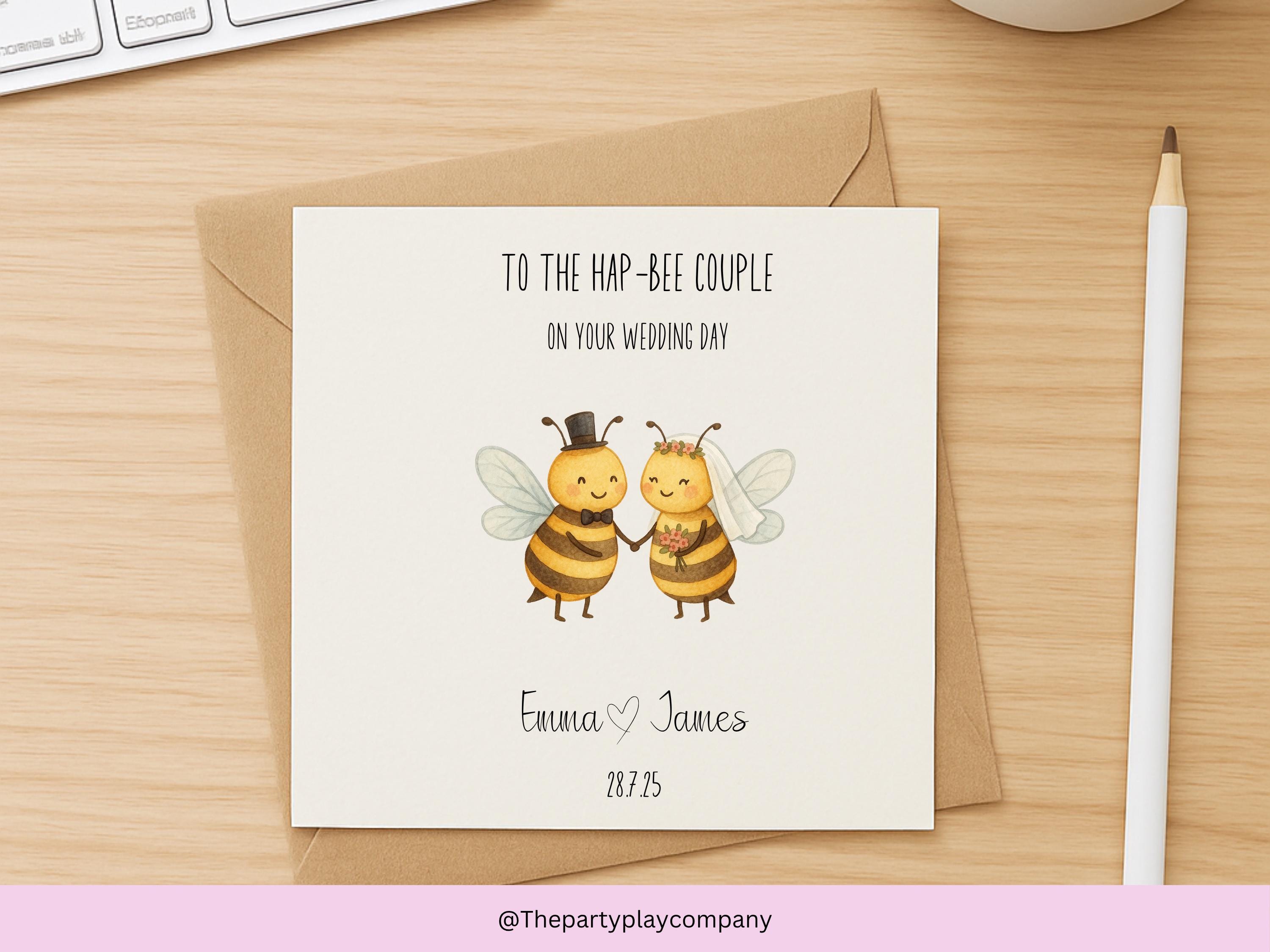 To the Hap-bee Couple – Bee Wedding Card – Personalised Bride and Groom Pun Card – Cute Animal Wedding Keepsake