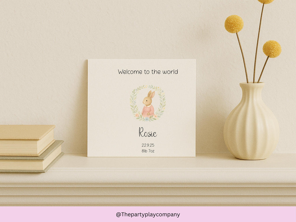 Personalised New Baby Girl Card: Pink Bunny, Name & Date Keepsake