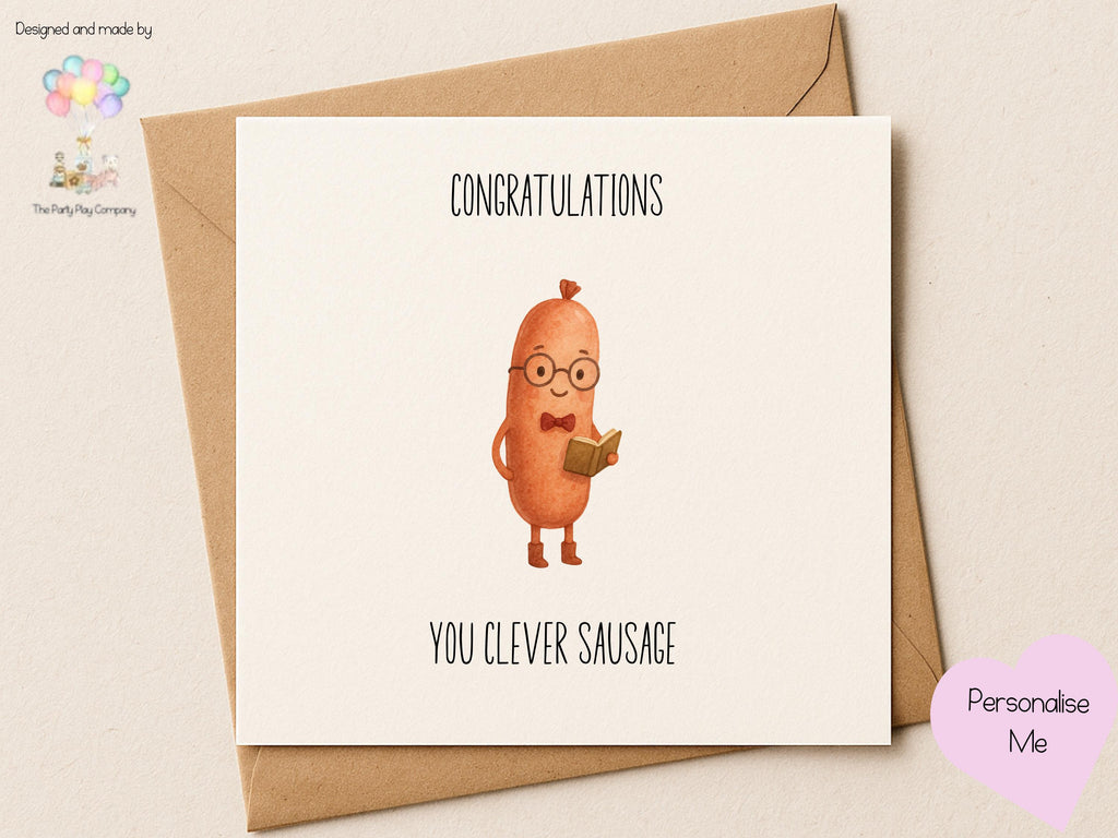 Funny Congratulations Card | Clever Sausage Pun Card | Quirky Graduation Exam Card | Personalised Option | 4 for 10 Pound Offer