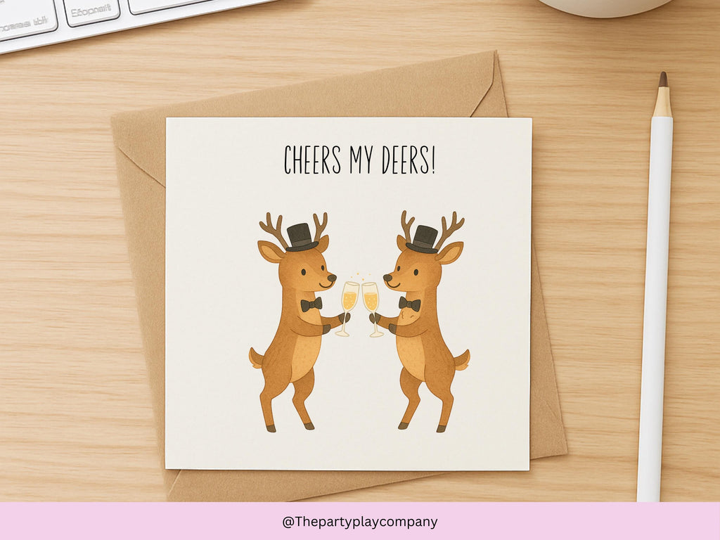 Funny LGBTQ Gay Wedding Card – Cheers My Deers Pun – Cute Groom Deer Illustration – Same-Sex Marriage Card for Him