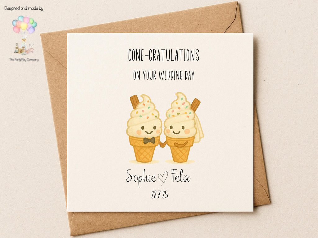 Funny Wedding Card | Ice Cream Pun Congratulations Card | Cone-gratulations Newlyweds Card | Personalised Option | 4 for 10 Pound Offer