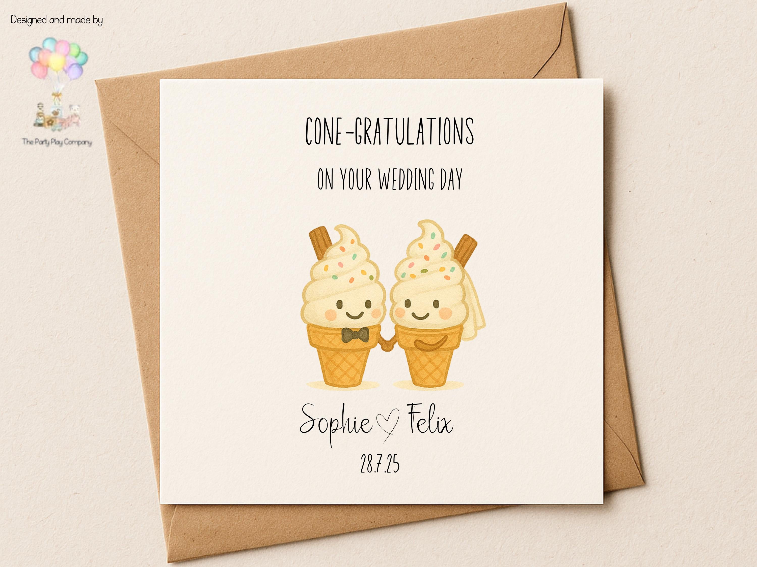 Funny Wedding Card | Ice Cream Pun Congratulations Card | Cone-gratulations Newlyweds Card | Personalised Option | 4 for 10 Pound Offer