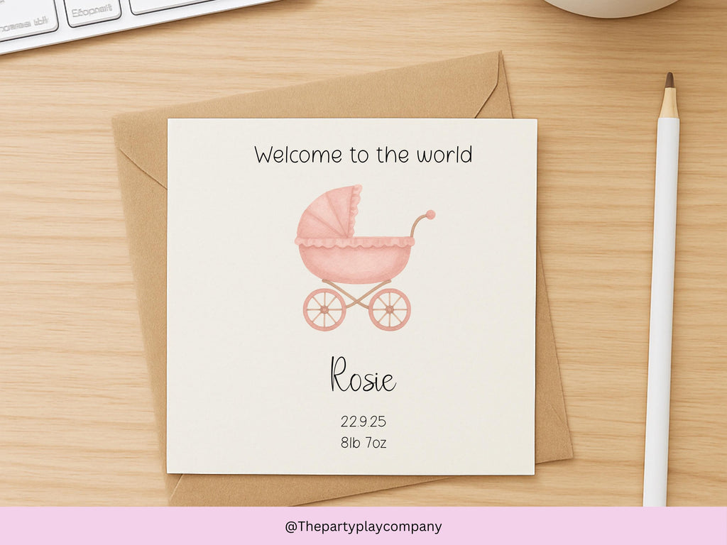 Personalised New Baby Girl Card: Pink Pram Design, Handmade Keepsake