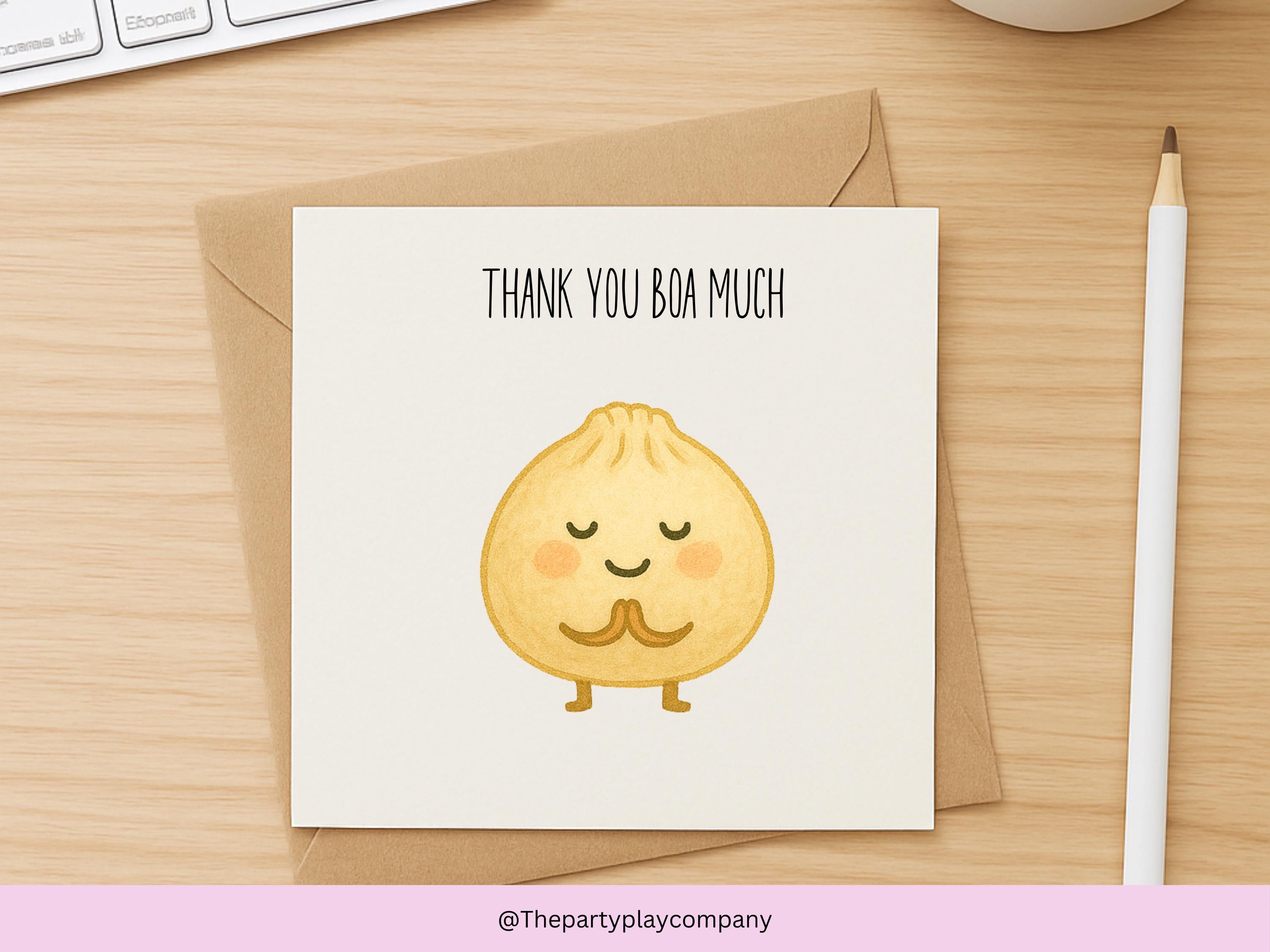 Cute Thank You Card | Bao Dumpling Pun | Thank You Boa Much | Funny Food Pun Card for Friends Family Teacher