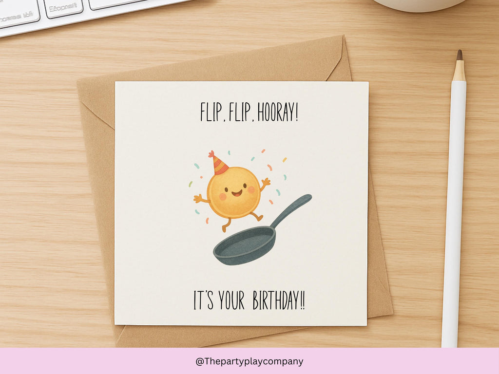 Flip Hooray Pancake Birthday Card | Funny Food Pun Card with Cute Pancake Illustration for Him Her Friends or Family