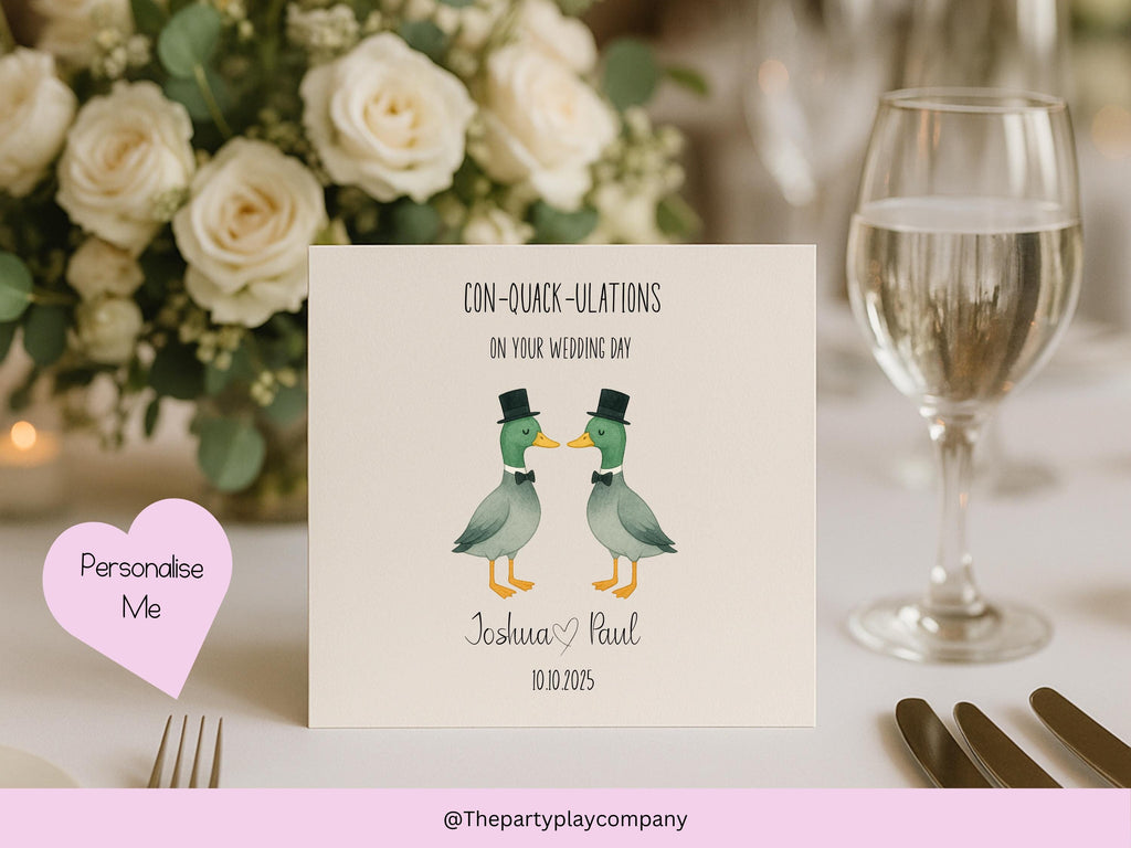 Funny Gay Wedding Card: Con-Quack-ulations Duck Pun - Personalized LGBTQ+ Anniversary