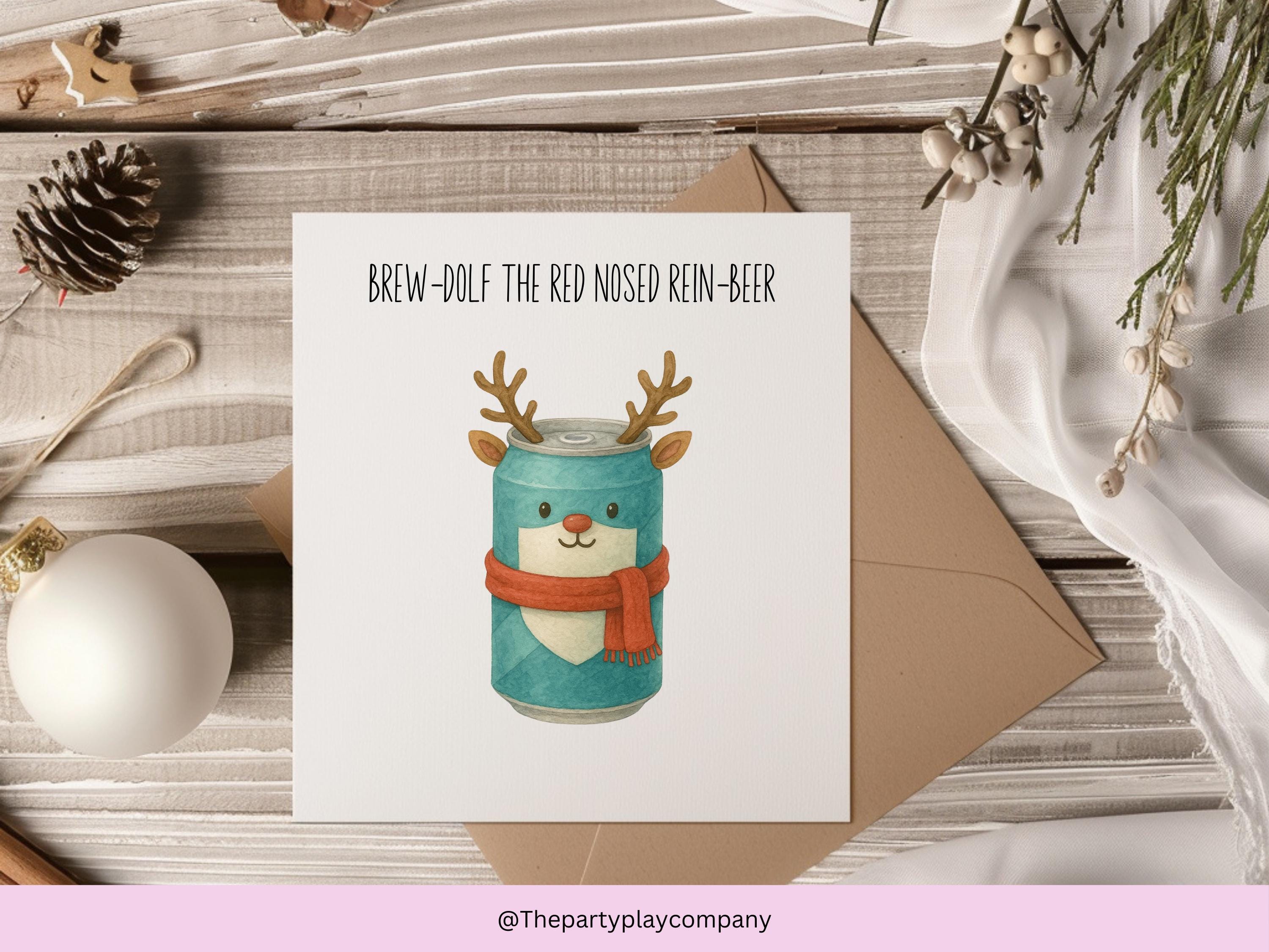 Funny Beer Christmas Card: Brew-dolf Pun Greeting with Envelope