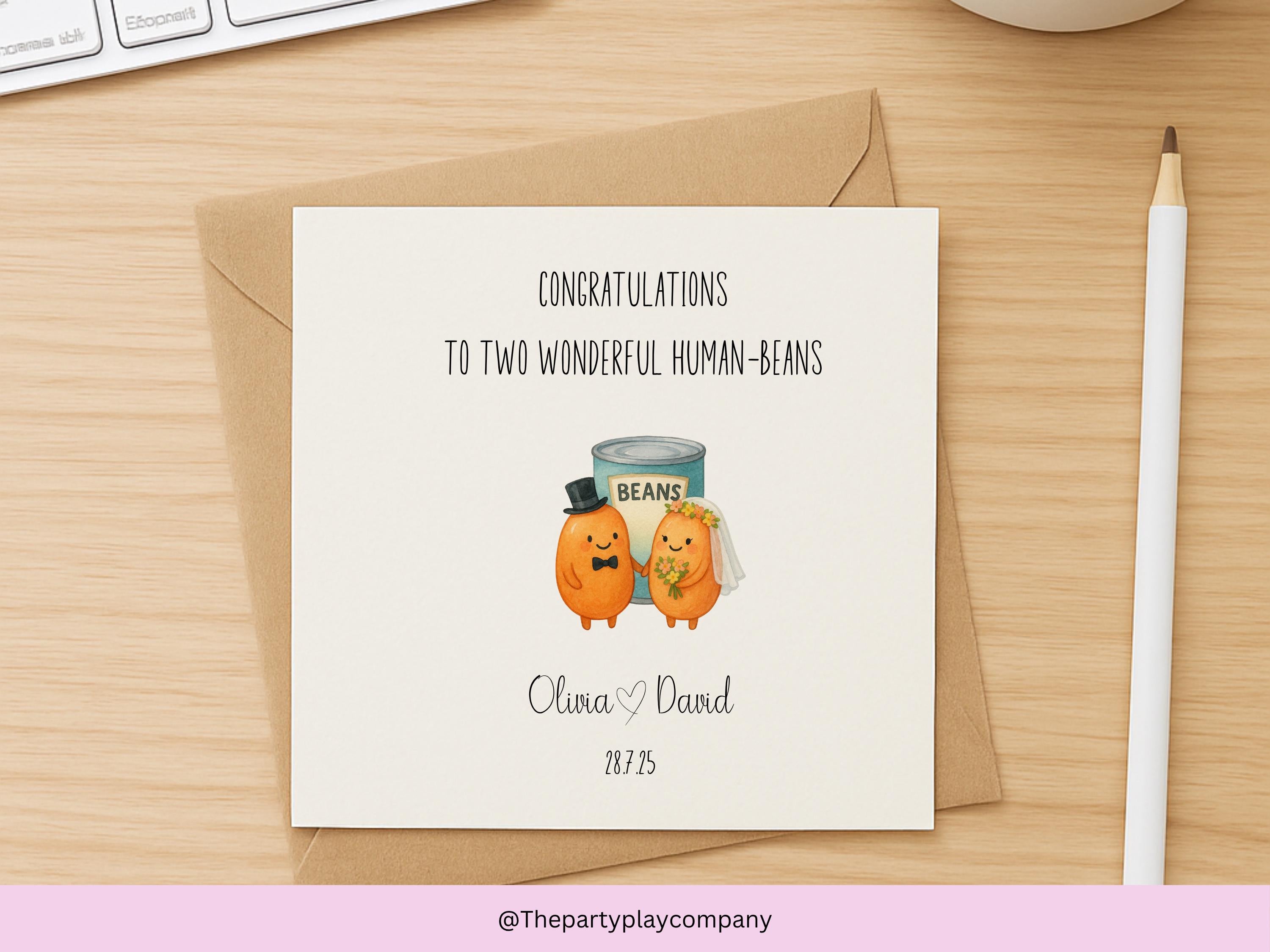 Funny Wedding Card – "Two Wonderful Human-Beans" – Personalised Bean Couple – Custom Names & Date – Cute Pun Card for Newlyweds
