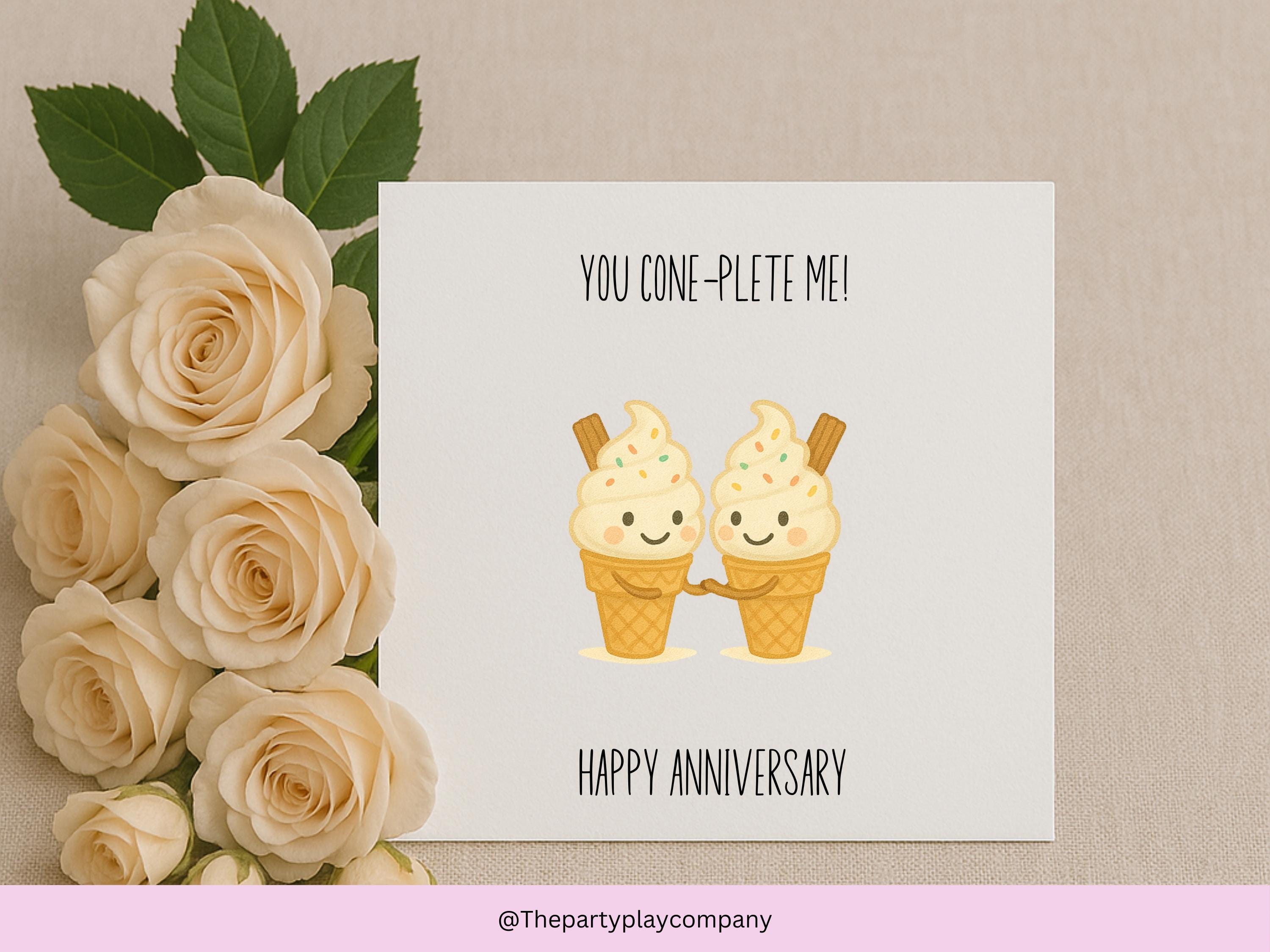 Funny Anniversary Card: Kawaii Ice Cream Couple - You Cone-plete Me