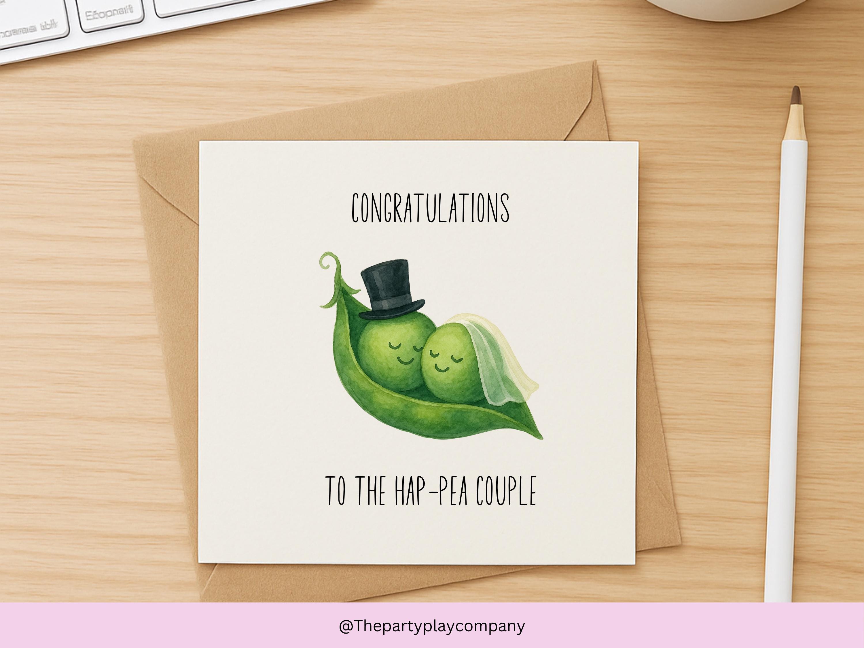 Pea Wedding Card – “Hap-Pea Couple” – Cute Wedding Congratulations Card – Bride and Groom Peas