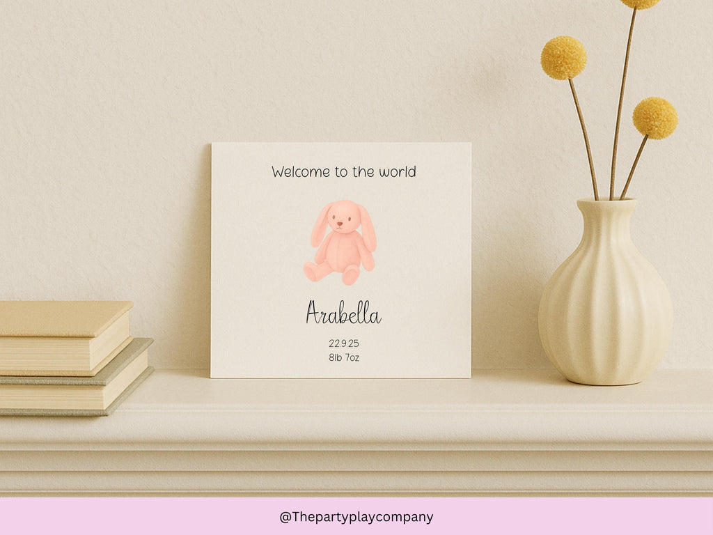Personalized Pink Bunny New Baby Card: Custom Birth Stats, Handmade