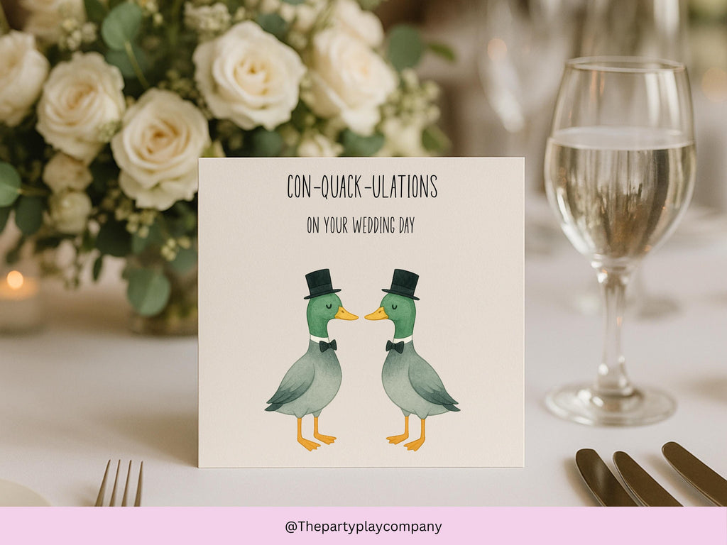 Funny Gay Wedding Card: Con-Quack-ulations Duck Pun Illustration