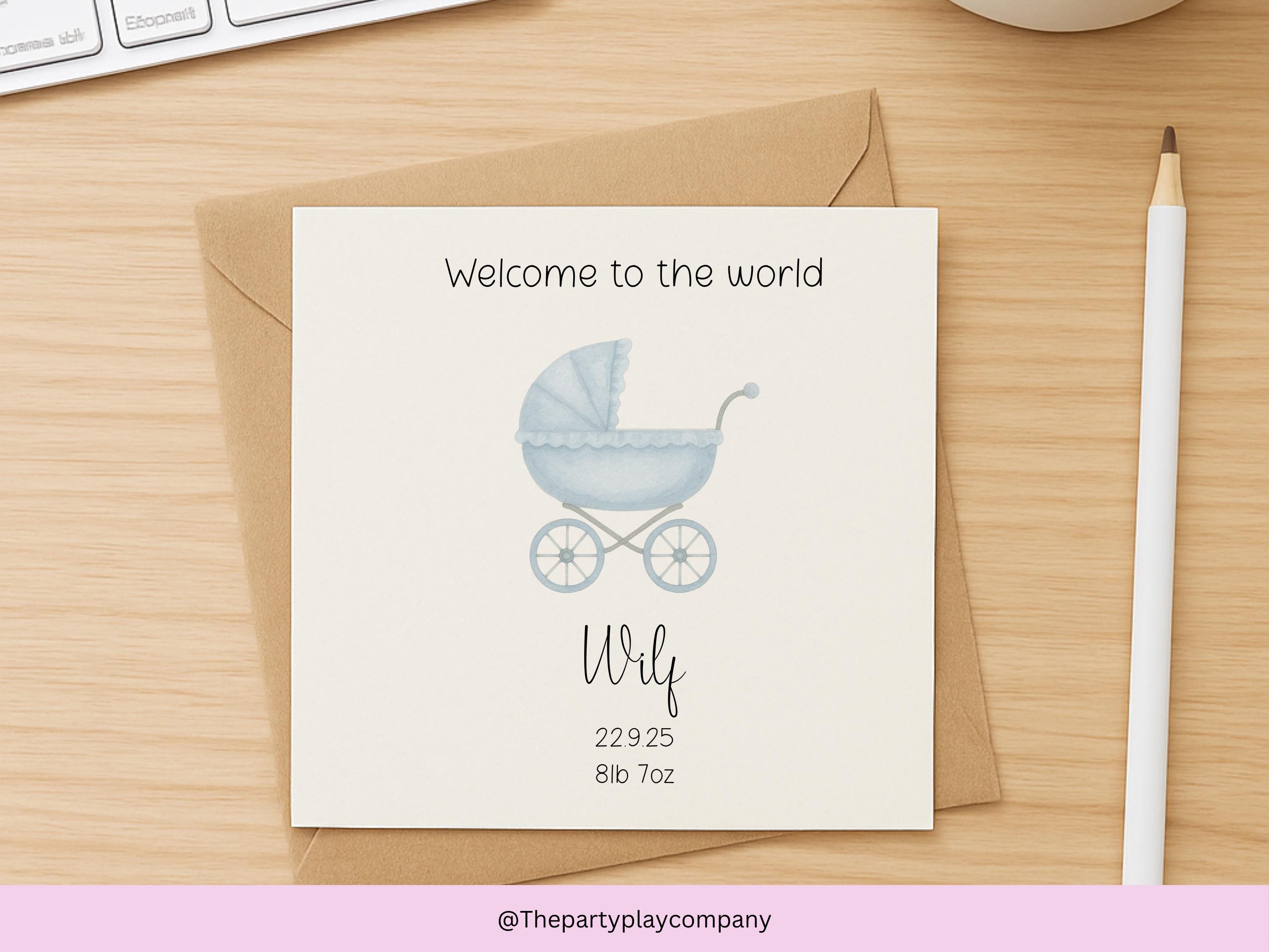Personalized New Baby Boy Card: Blue Pram Design, Handmade Keepsake