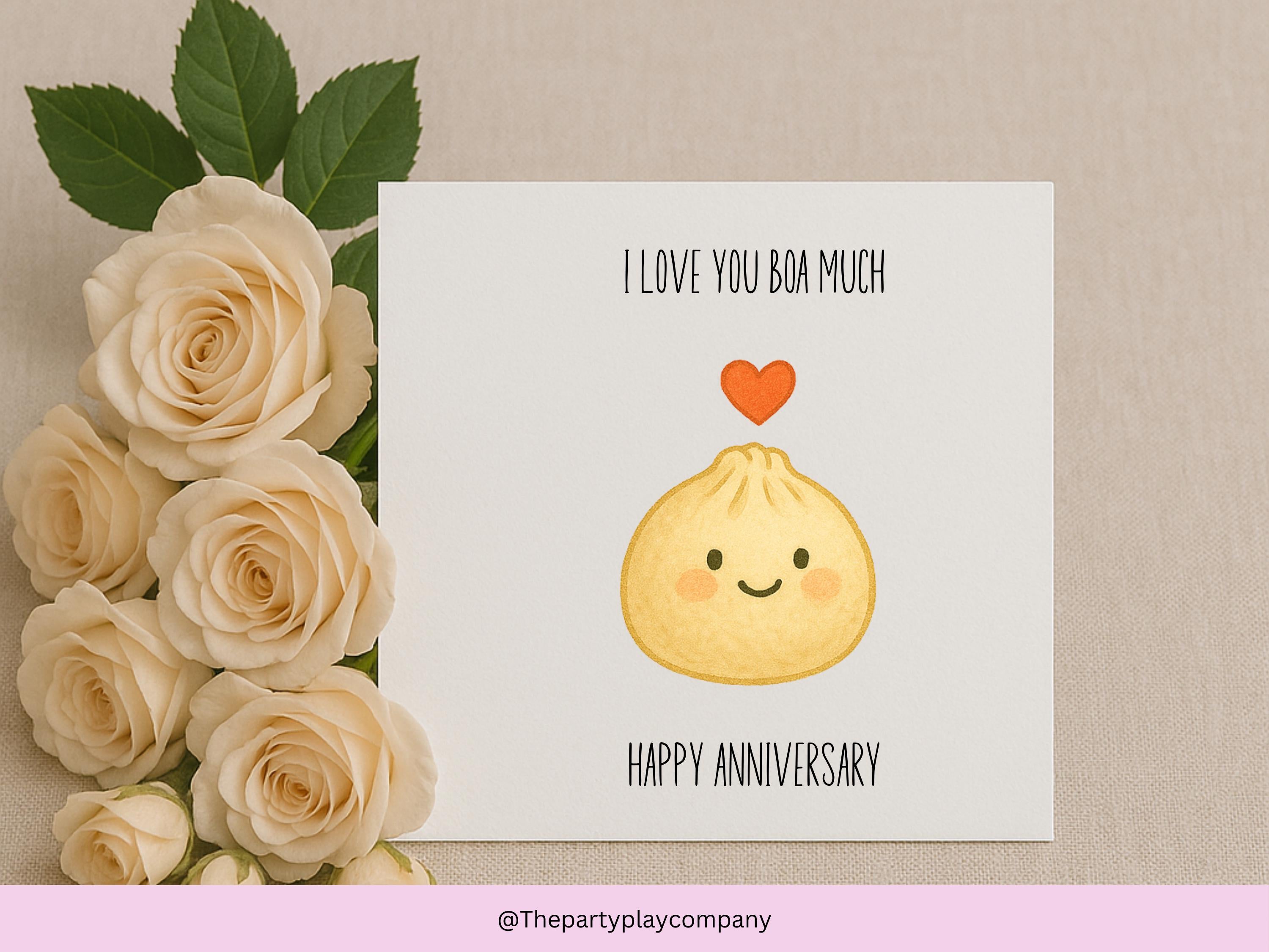 Cute Bao Bun Anniversary Card – Funny Pun Love Card, I Love You Boa Much, Cute Kawaii Food Couple Card for Partner or Spouse