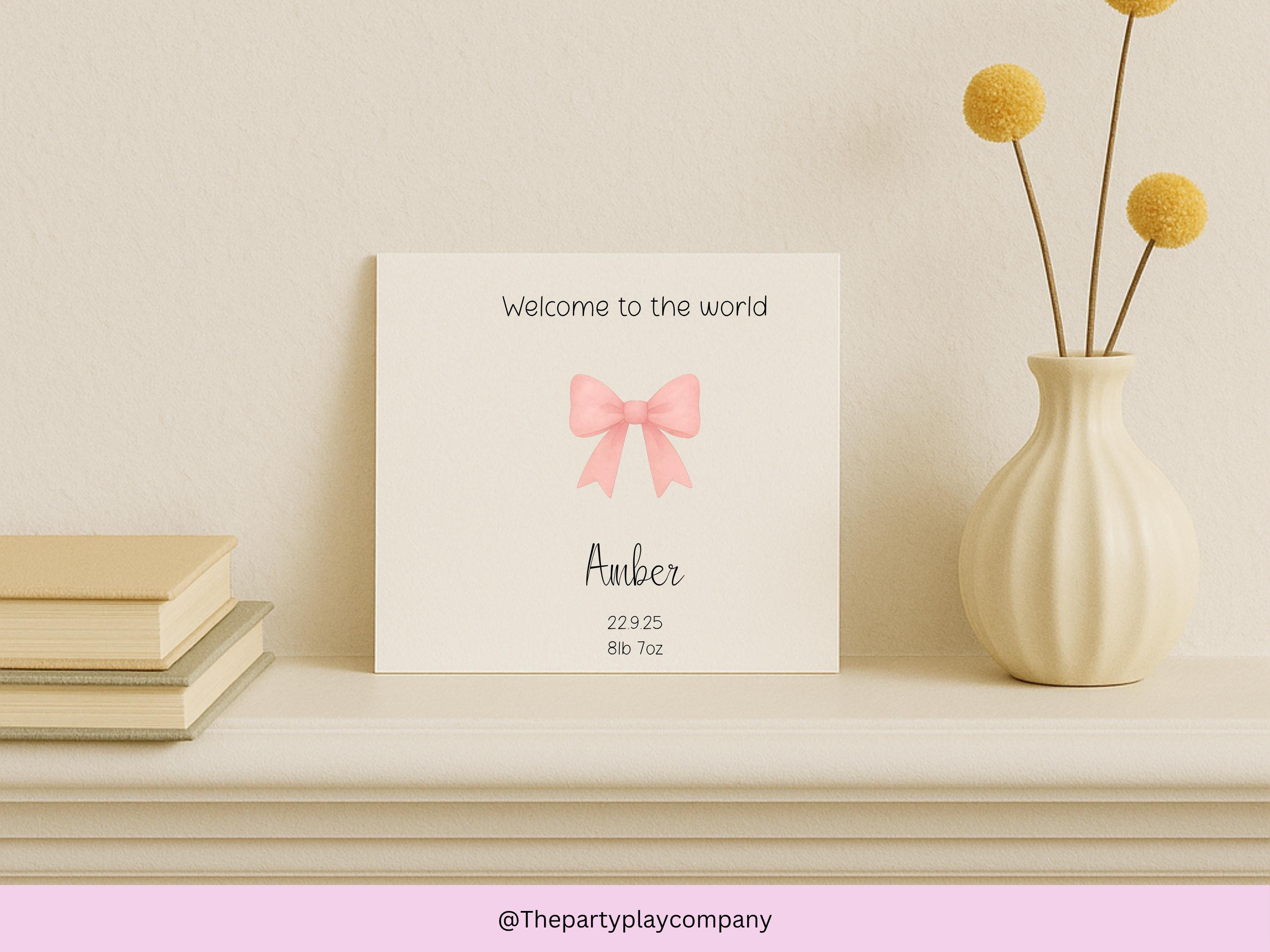 Personalised New Baby Girl Card: Pink Bow Keepsake, Handmade UK