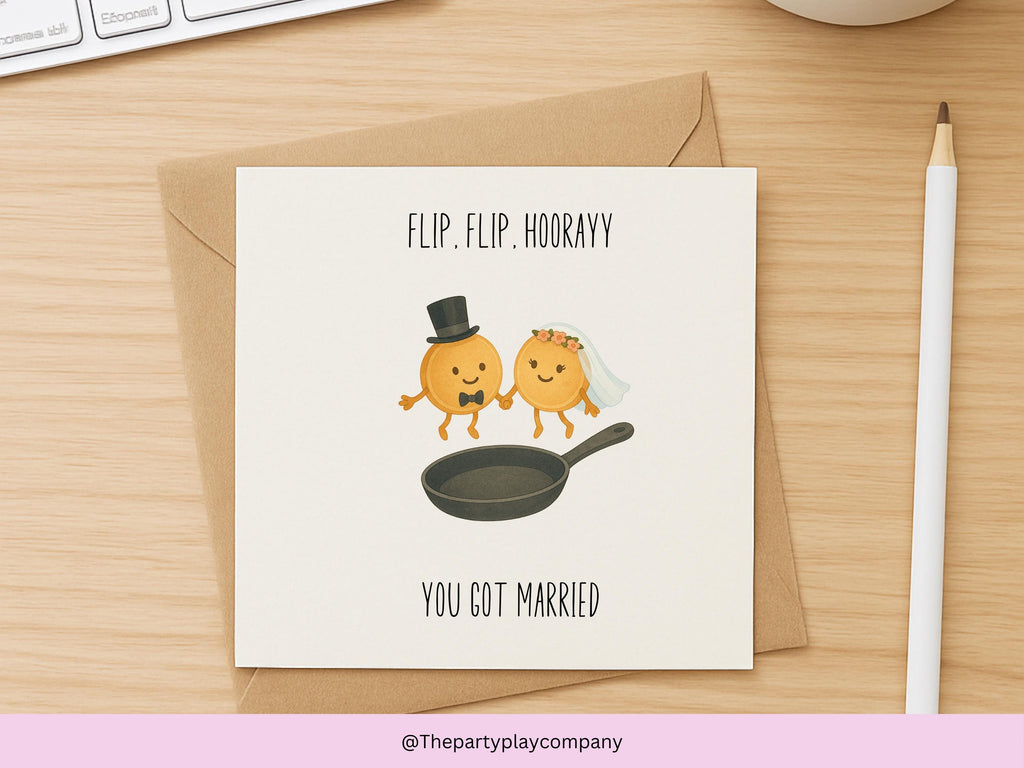 Funny Wedding Card | Pancake Pun Congratulations Card | Flip, Flip, Hooray You Got Married | Quirky Newlyweds Card | 4 for 10 Pound Offer