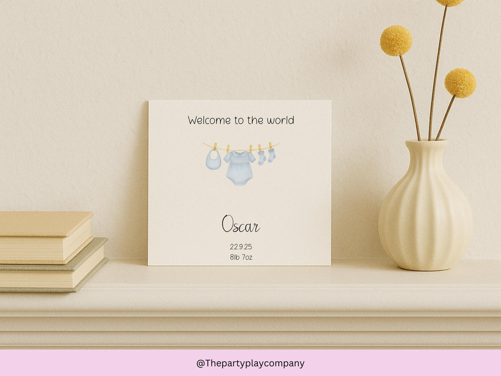 Personalized New Baby Boy Card: Blue Clothesline Design, Handmade Keepsake