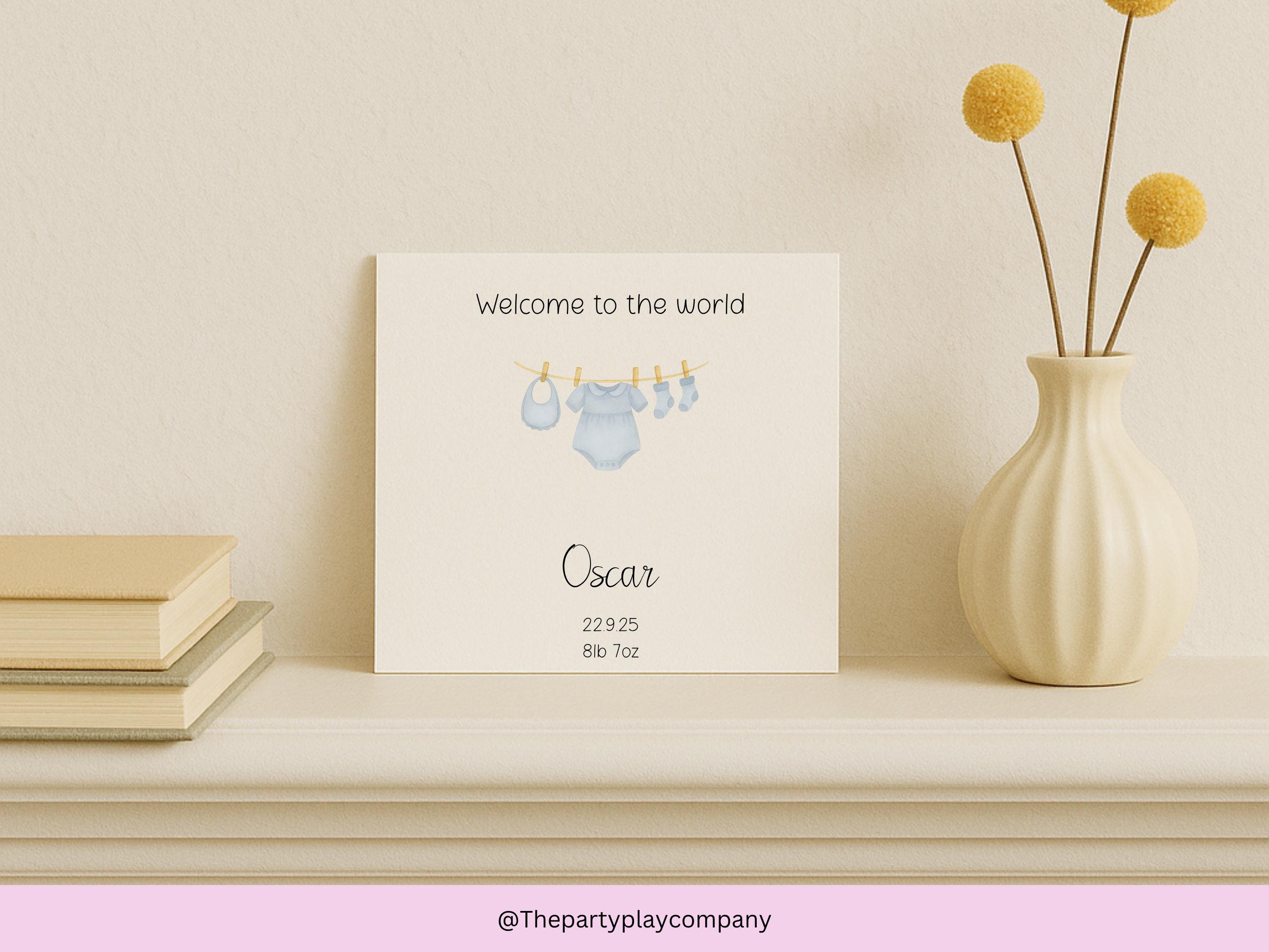 Personalized New Baby Boy Card: Blue Clothesline Design, Handmade Keepsake