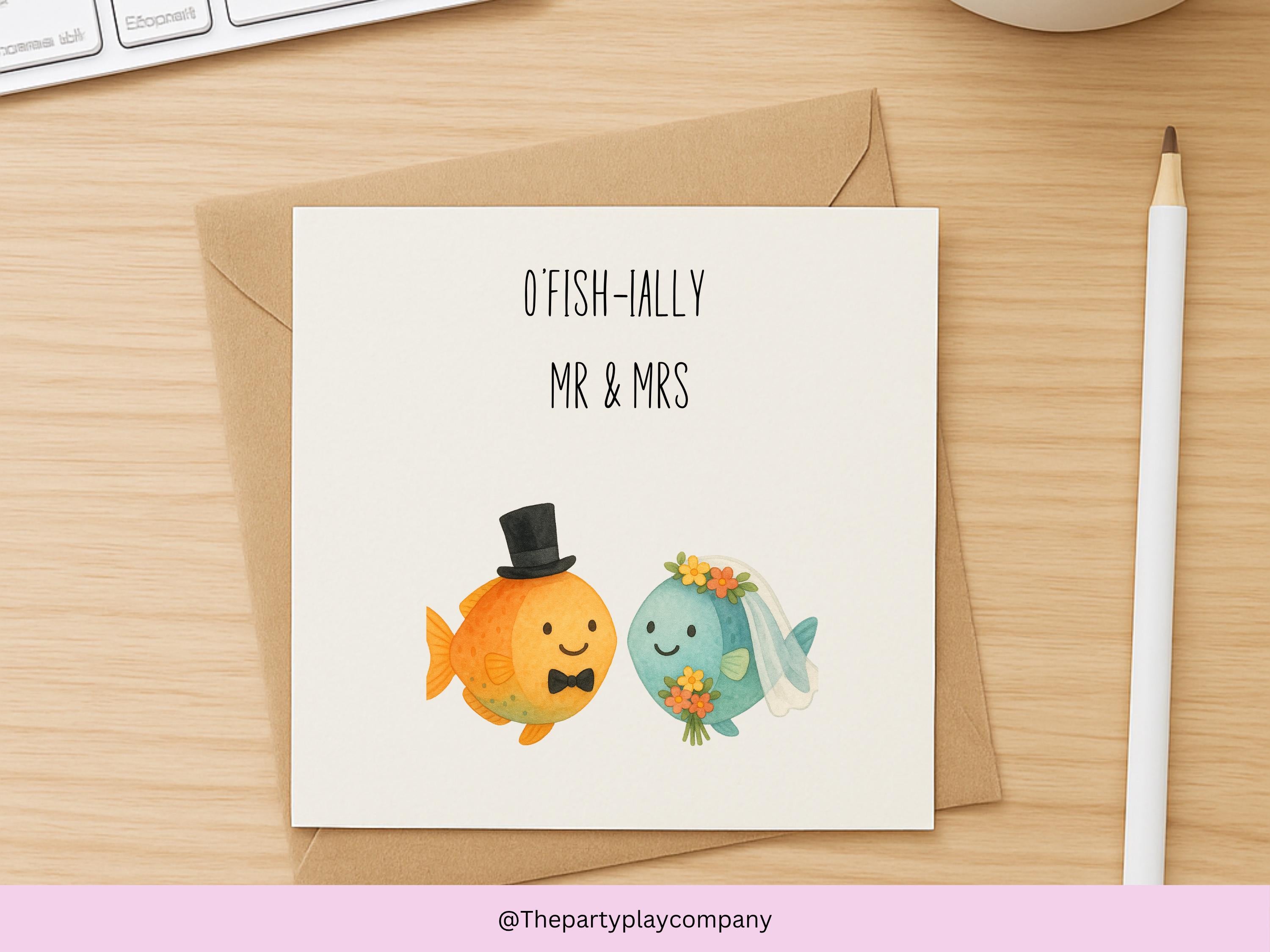 Funny Fish Wedding Card: "O'Fish-ally Mr & Mrs" Watercolor Illustration
