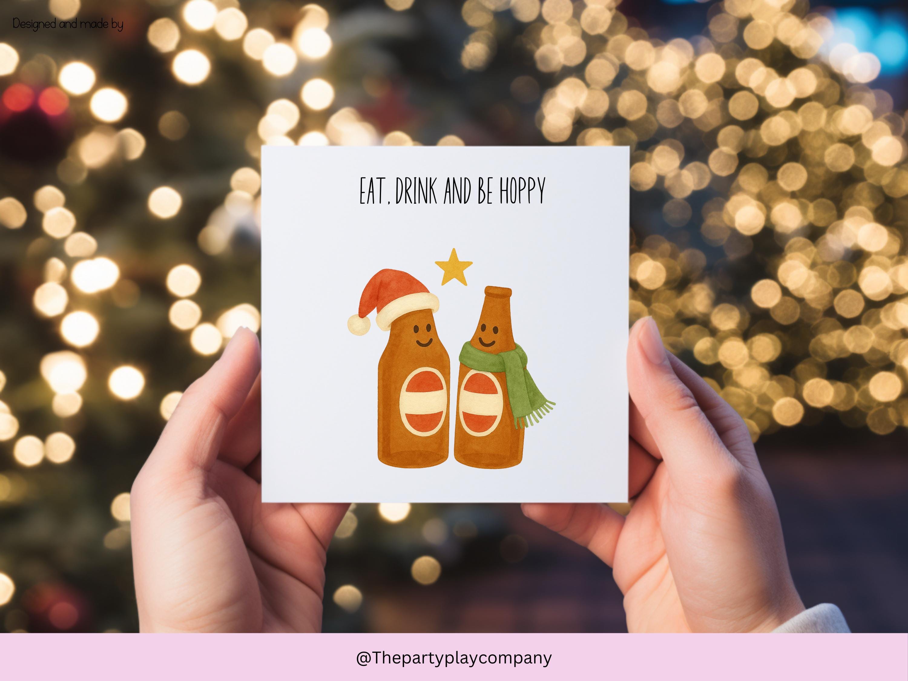Funny Beer Christmas Card: Eat Drink and Be Hoppy - 6x6 Holiday Card