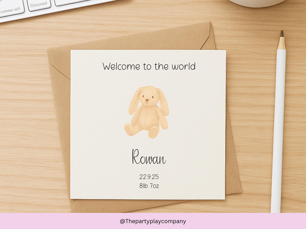 Personalized New Baby Card: Cream Watercolor Bunny, Custom Birth Stats