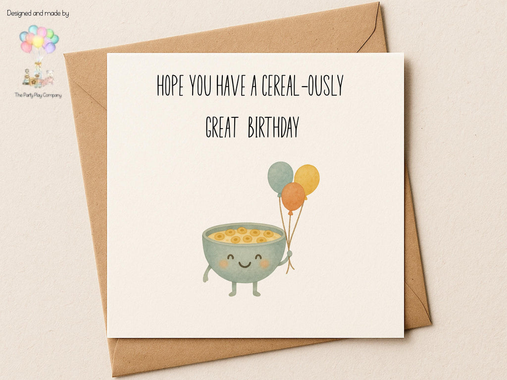 Cereal-ously Funny Birthday Card | Cute Food Pun Card with Bowl of Cereal Illustration for Him Her Friends or Family