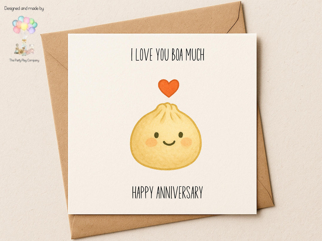 Cute Bao Bun Anniversary Card – Funny Pun Love Card, I Love You Boa Much, Cute Kawaii Food Couple Card for Partner or Spouse
