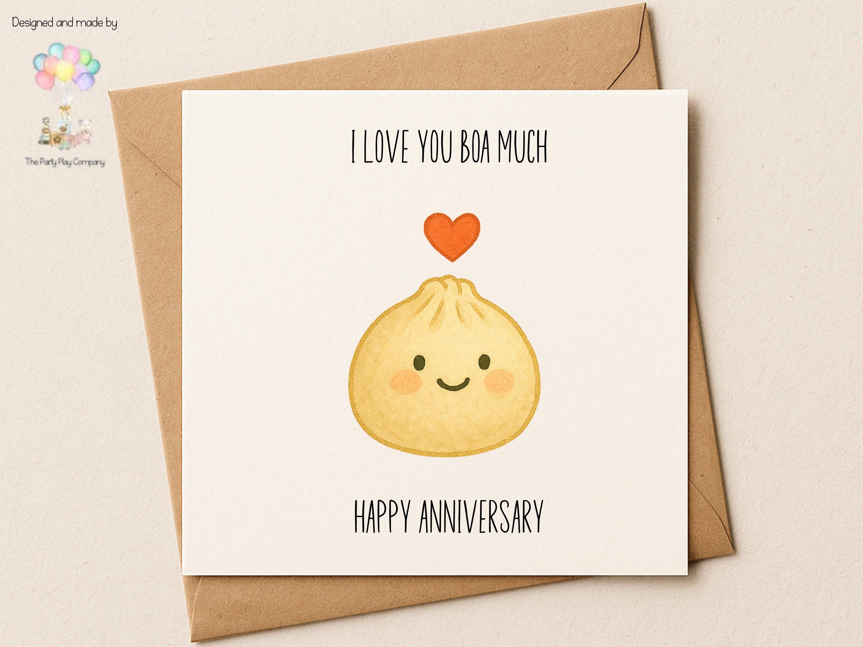 Cute Bao Bun Anniversary Card – Funny Pun Love Card, I Love You Boa Much, Cute Kawaii Food Couple Card for Partner or Spouse